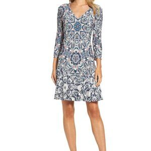 Eliza J Paisley Knit A Line Dress Teal 3/4 Sleeve V Neck Petite 14P NWT